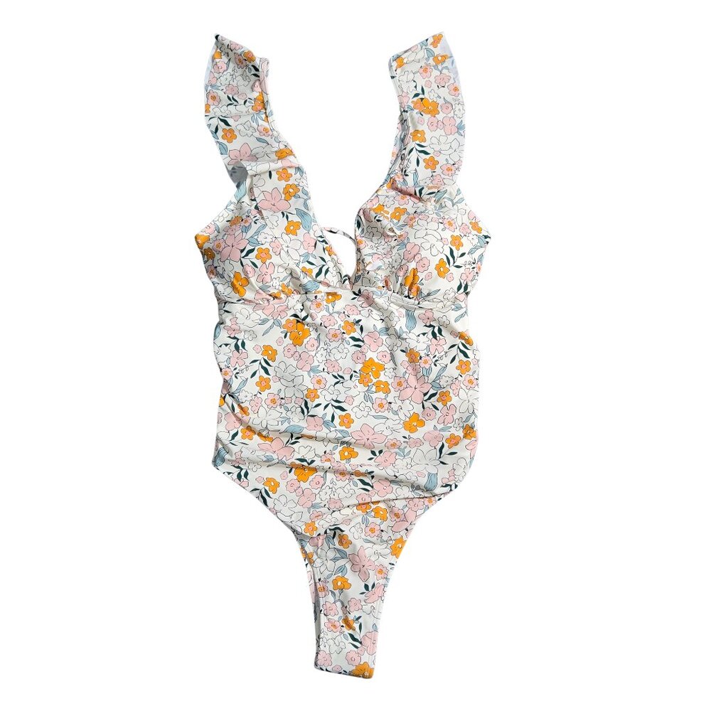 Floral Ruffle One-Piece Swimsuit in White with Pink & Yellow Flowers